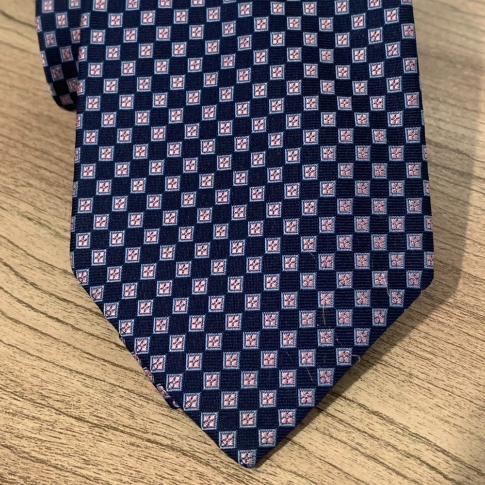 BROOKS BROTHERS 346 Blue Pink Check Geometric Silk Neck Tie